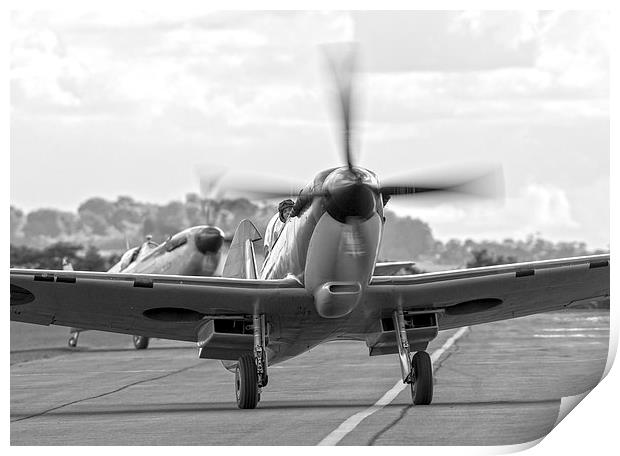 Spitfire pair taxi in - black and white version Print by Keith Campbell