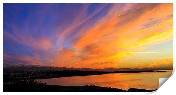 Dramatic vivid orange sunset over a marine bay Print by Nikos Vlasiadis