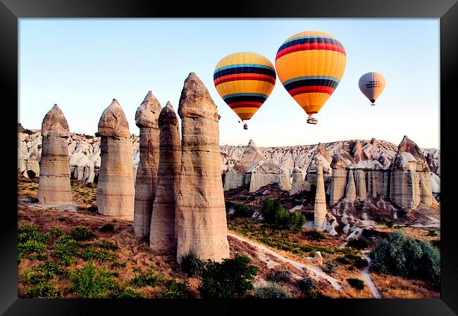 Balloons, Fairy Chimneys, Cappadocia, Turkey Framed Print by Geoffrey Higges