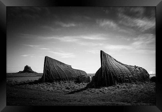 Lindisfarne Boat Huts - Moonlit Framed Print by Paul Appleby