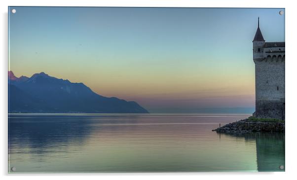 Chillon Castle by the lake at sunrise Acrylic by Olavs Silis