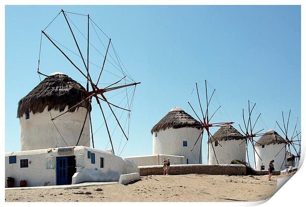 Traditional Windmills, Mykonos, Greek Islands Print by Geoffrey Higges