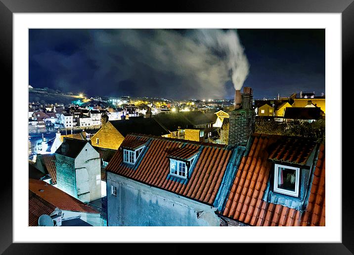 Whitby Smoking Chimney Rooftops at Night Framed Mounted Print by Paul M Baxter