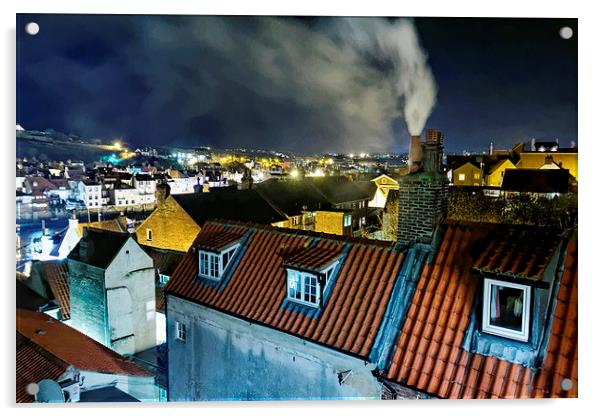 Whitby Smoking Chimney Rooftops at Night Acrylic by Paul M Baxter