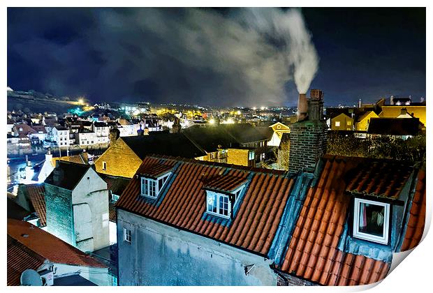 Whitby Smoking Chimney Rooftops at Night Print by Paul M Baxter