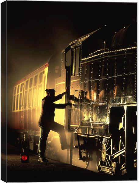 Moody silhouette as an engineman mounts his engine Canvas Print by Ian Duffield