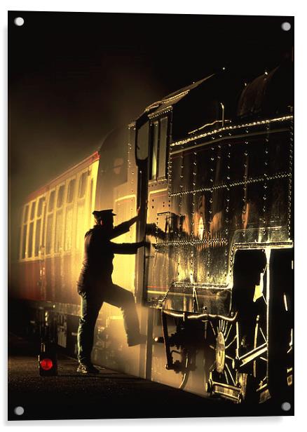 Moody silhouette as an engineman mounts his engine Acrylic by Ian Duffield