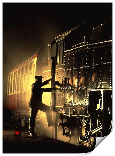 Moody silhouette as an engineman mounts his engine Print by Ian Duffield