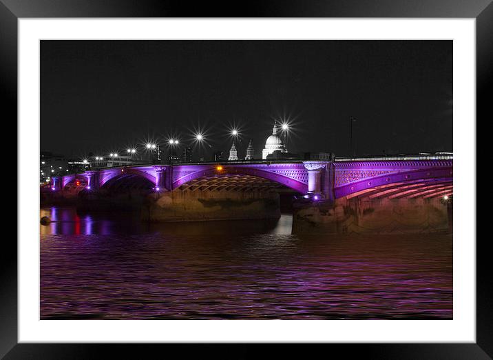 Blackfriars Bridge London Thames at night Framed Mounted Print by David French
