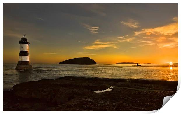 Sunrise At Penmon lighthouse Print by Jim kernan