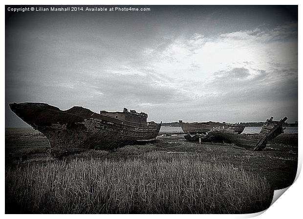 Wrecks on the River Wyre. Print by Lilian Marshall