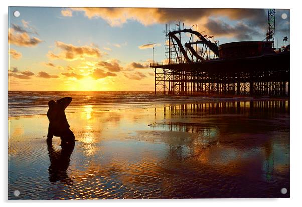 Sunset Photographer At South Pier Blackpool Acrylic by Gary Kenyon
