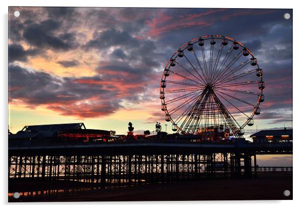 Sunset Wheel Central Pier  Blackpool Acrylic by Gary Kenyon