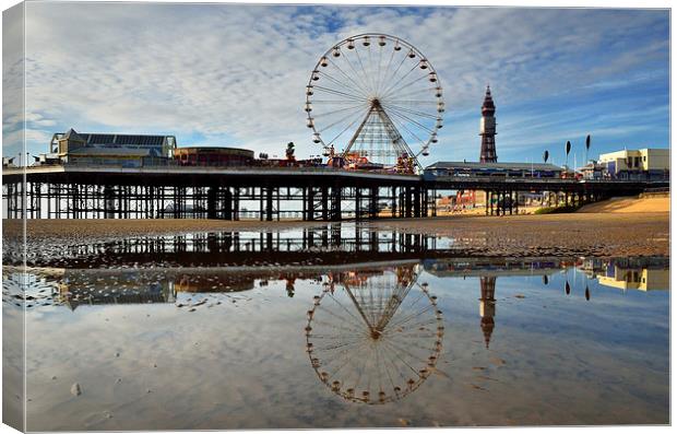 Reflections Of Central Pier on Blackpools Beach Canvas Print by Gary Kenyon