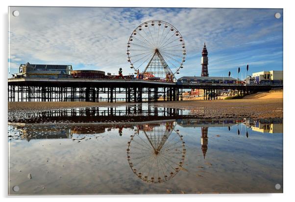 Reflections Of Central Pier on Blackpools Beach Acrylic by Gary Kenyon