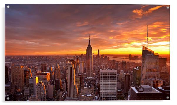 Fiery New York Sunset Acrylic by Robert Strachan