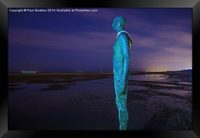 Crosby Beach Iron Man At Night Framed Print by Paul Madden