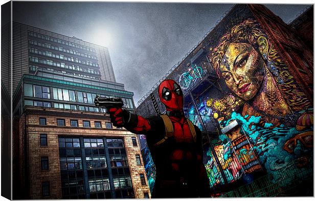 Deadpool in manchester Canvas Print by stewart oakes