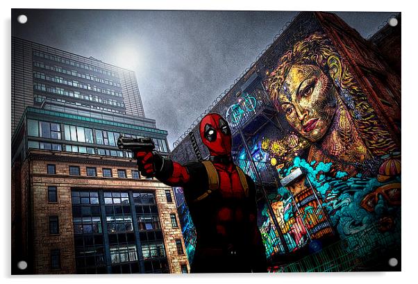 Deadpool in manchester Acrylic by stewart oakes