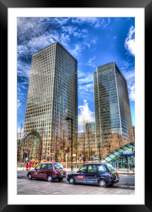 Taxis at Canary Wharf Framed Mounted Print by David Pyatt