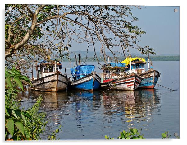 Anchored fishing boats in Goa Acrylic by Susmita Mishra