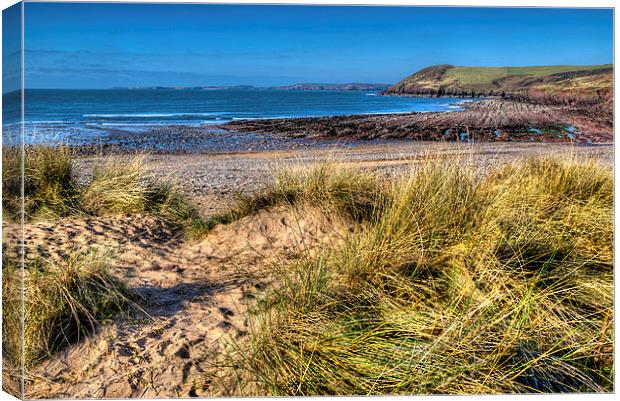 Manorbier beach in the spring Canvas Print by Simon West