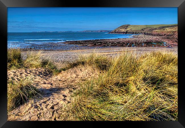 Manorbier beach in the spring Framed Print by Simon West