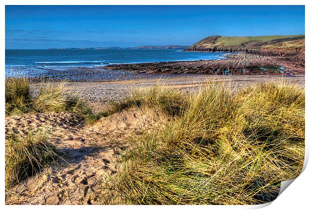 Manorbier beach in the spring Print by Simon West