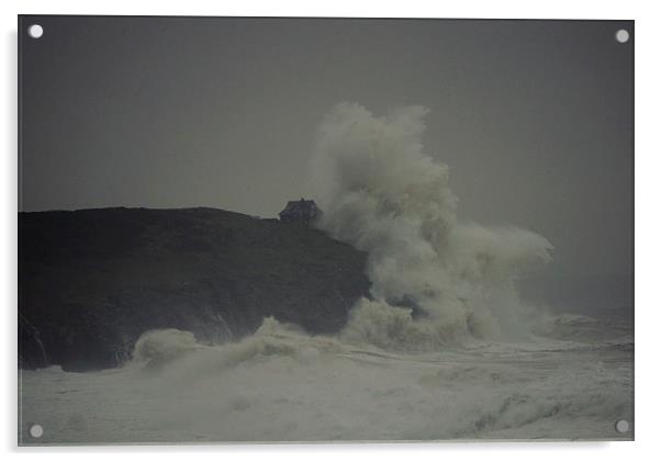 100ft wave slams into cliff in cornwall Acrylic by jon betts