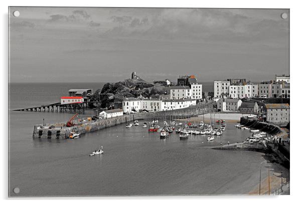 Tenby. B+W with Colour. Acrylic by paulette hurley