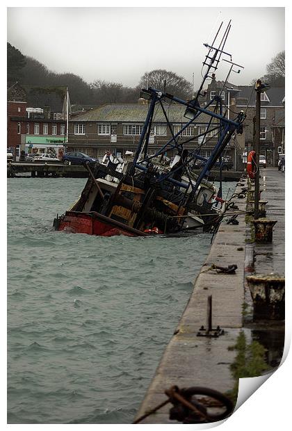 sunken boat in harbour Print by jon betts