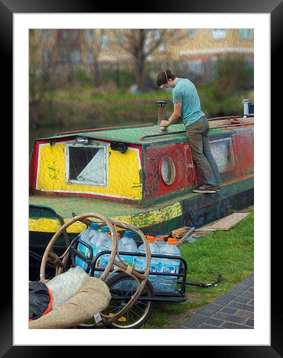Working On A Canal Boat London Framed Mounted Print by Clive Eariss