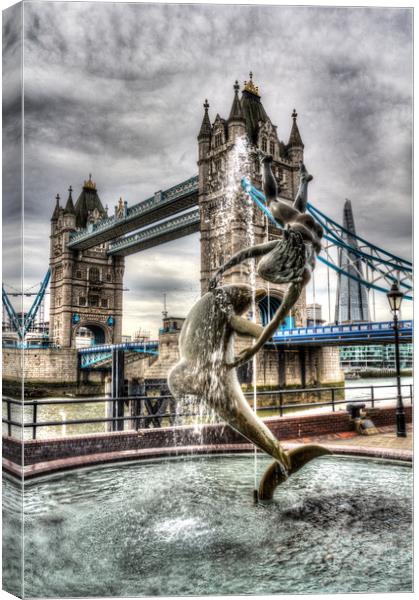 Tower Bridge and the Girl and Dolphin Statue Canvas Print by David Pyatt