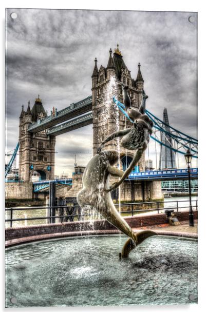 Tower Bridge and the Girl and Dolphin Statue Acrylic by David Pyatt