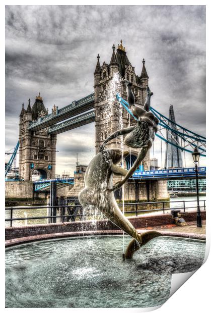 Tower Bridge and the Girl and Dolphin Statue Print by David Pyatt