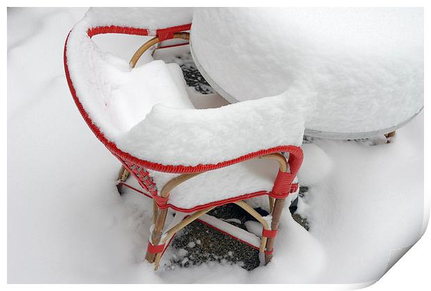 Snow-covered red chair Print by Matthias Hauser