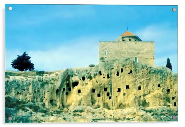 The Cliff Church, Amioun, Lebanon Acrylic by Jacqueline Burrell