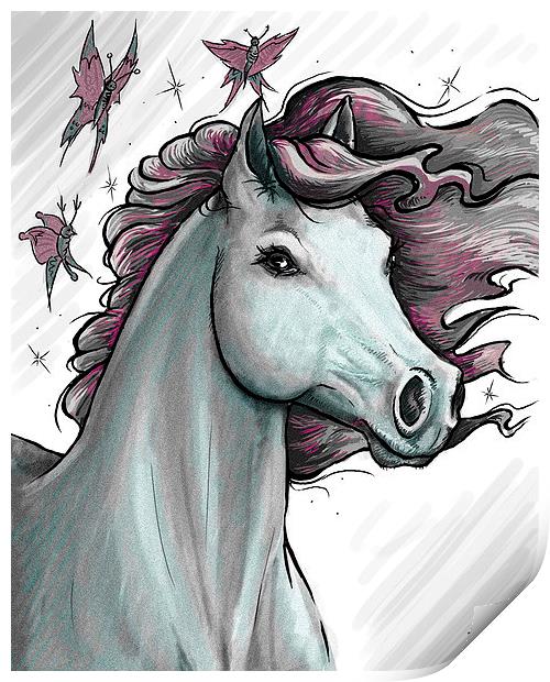 Digital Horse & Butterly Drawing Print by Heather Wise