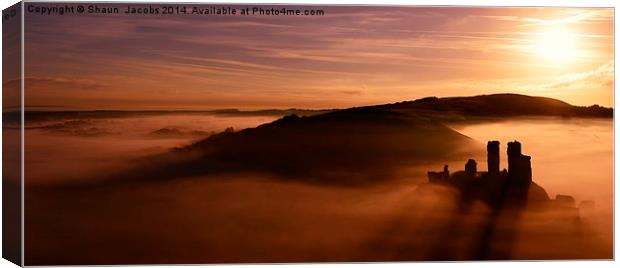 Corfe Castle through a misty sunrise Canvas Print by Shaun Jacobs