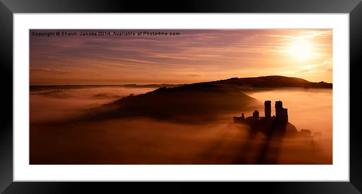 Corfe Castle through a misty sunrise Framed Mounted Print by Shaun Jacobs