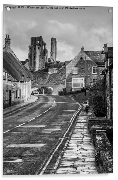 Black and White Corfe Castle Acrylic by Phil Wareham