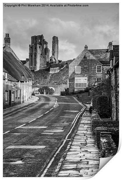 Black and White Corfe Castle Print by Phil Wareham