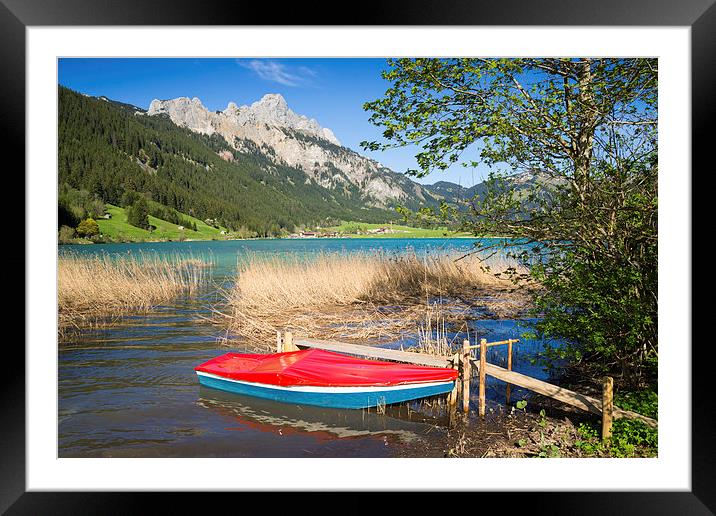 Red boat lake and mountains Framed Mounted Print by Matthias Hauser