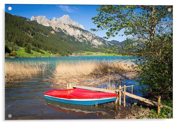 Red boat lake and mountains Acrylic by Matthias Hauser