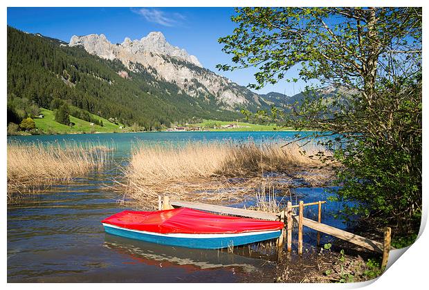 Red boat lake and mountains Print by Matthias Hauser