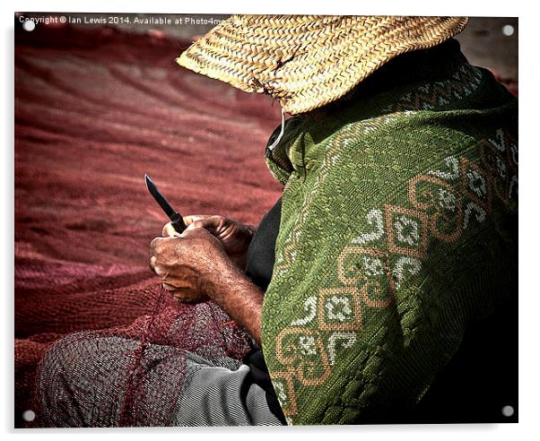 Fisherman Mending Nets at Essaouira Acrylic by Ian Lewis