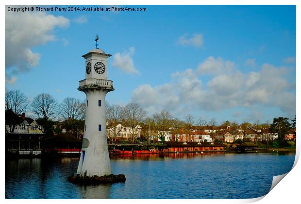 Roath Park Lighthouse and Boathouse Print by Richard Parry