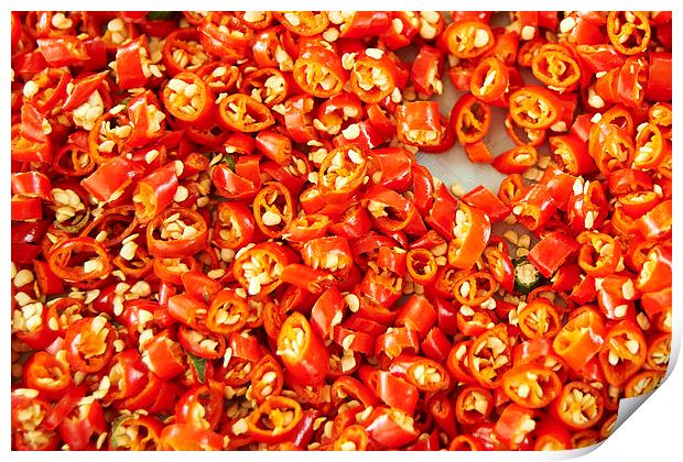 Chopped hot chili peppers Print by richard pereira