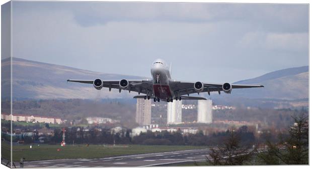 Airbus A380 Leaving Canvas Print by Geo Harris