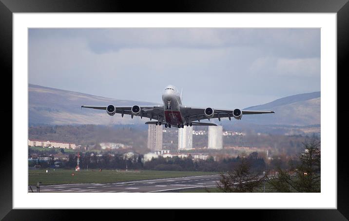 Airbus A380 Leaving Framed Mounted Print by Geo Harris